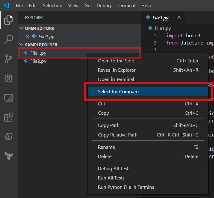 visual studio code show difference between two files